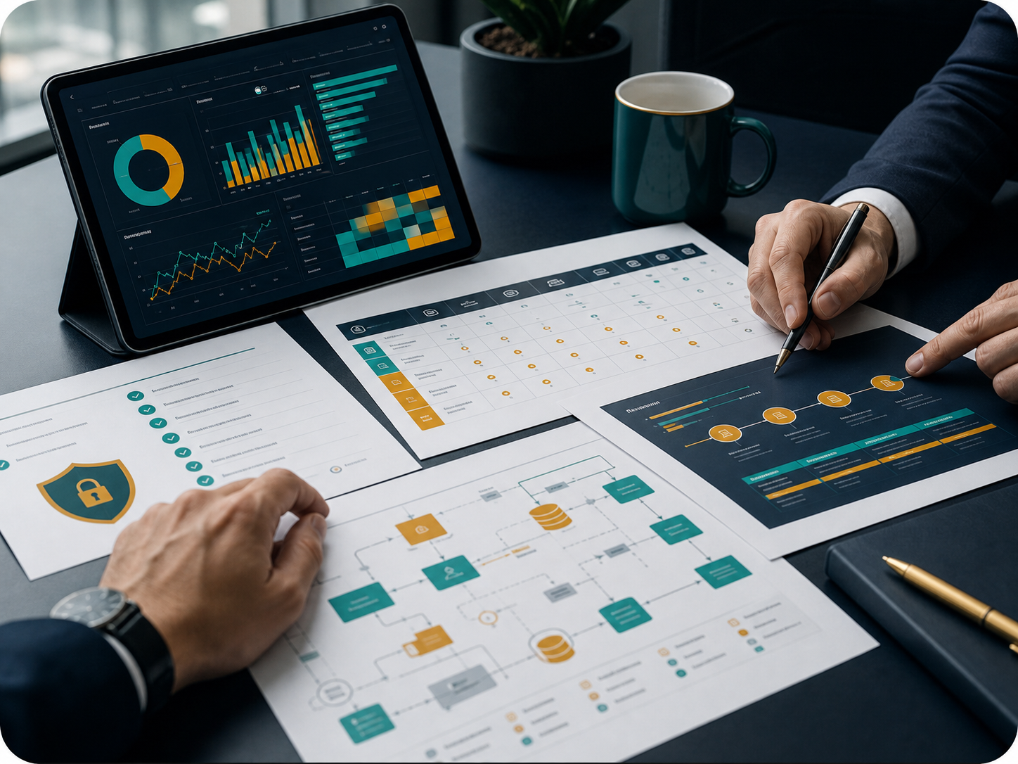 Data governance scorecards, quality dashboards and operating model documents being reviewed.